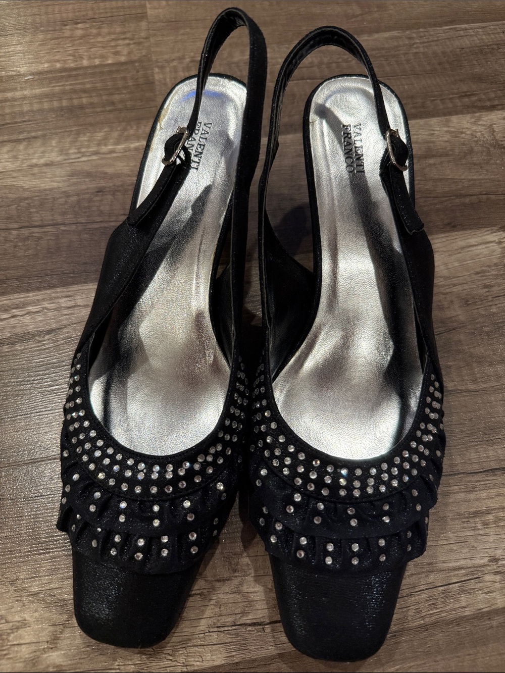 Valenti Franco Black Satin Slingback Heels with Silver Stud Accents